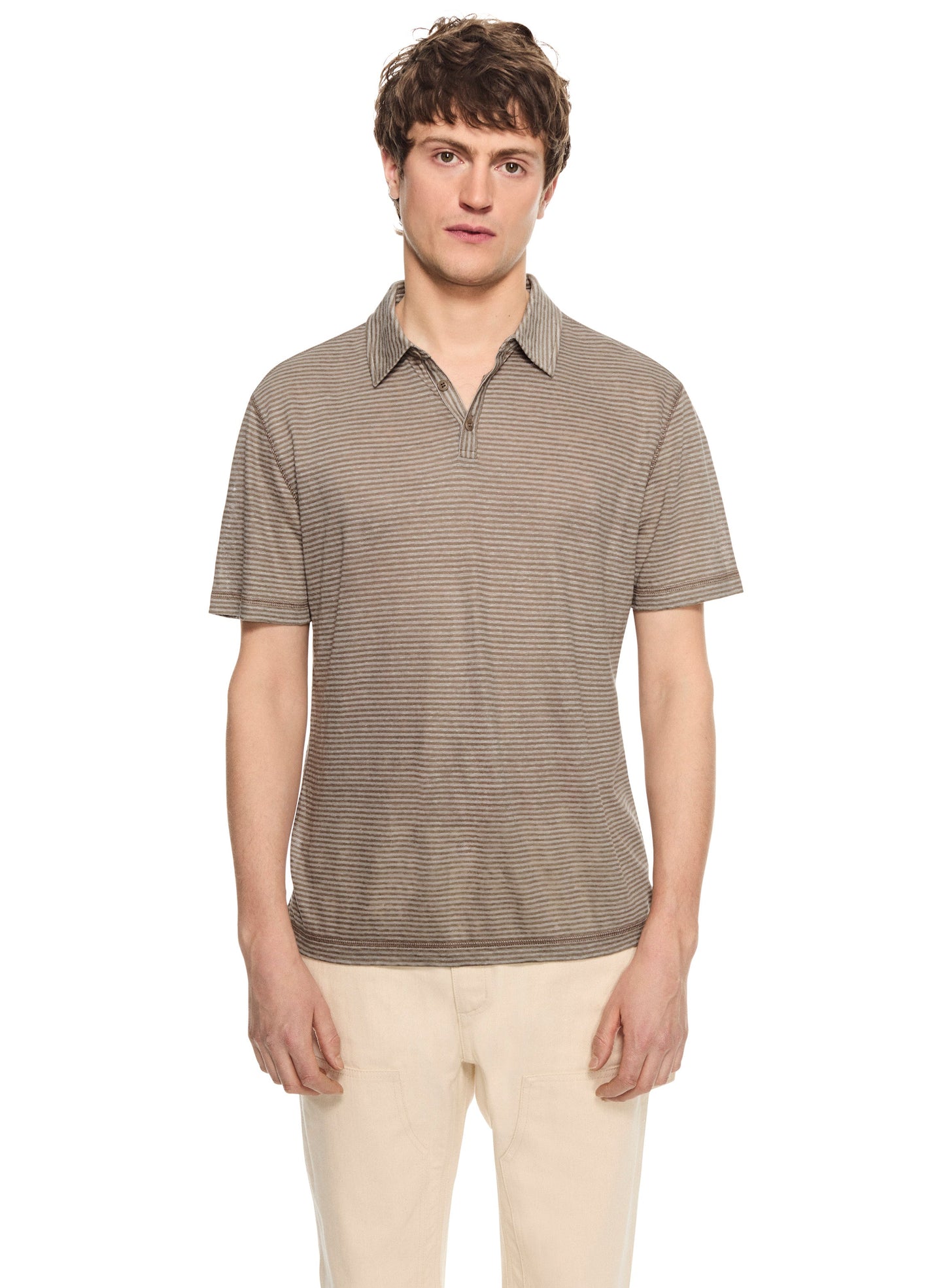 Linen Stripe Polo Shirt (Khaki)-0