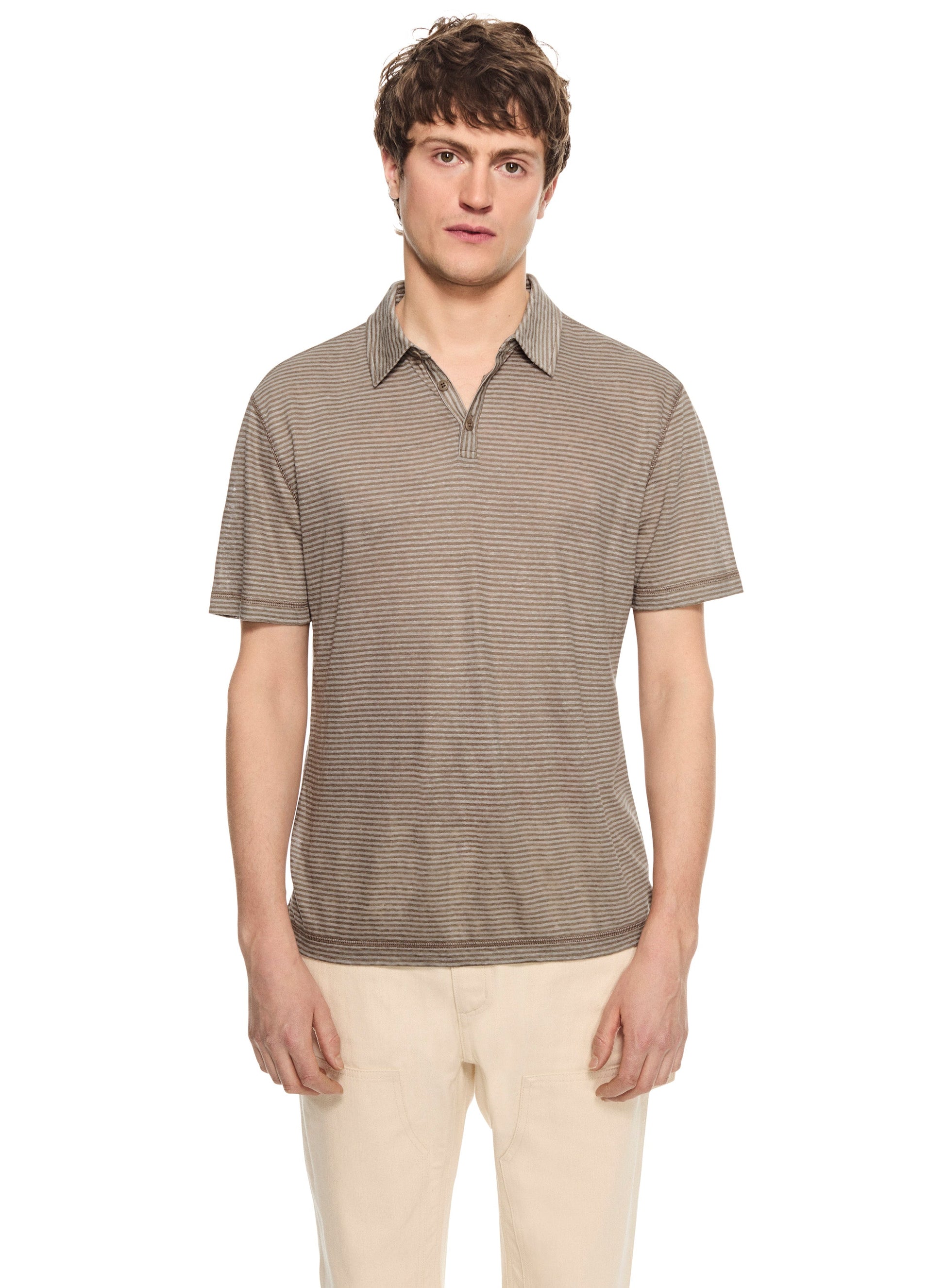 Linen Stripe Polo Shirt (Khaki)-0