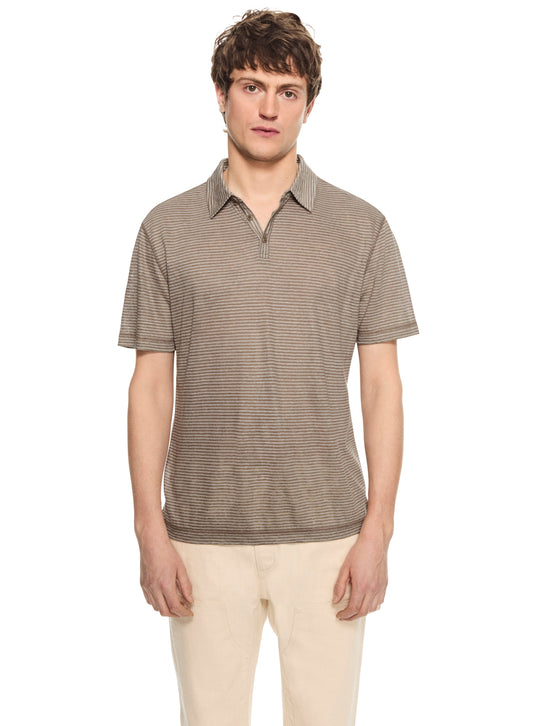 Linen Stripe Polo Shirt (Khaki)-0
