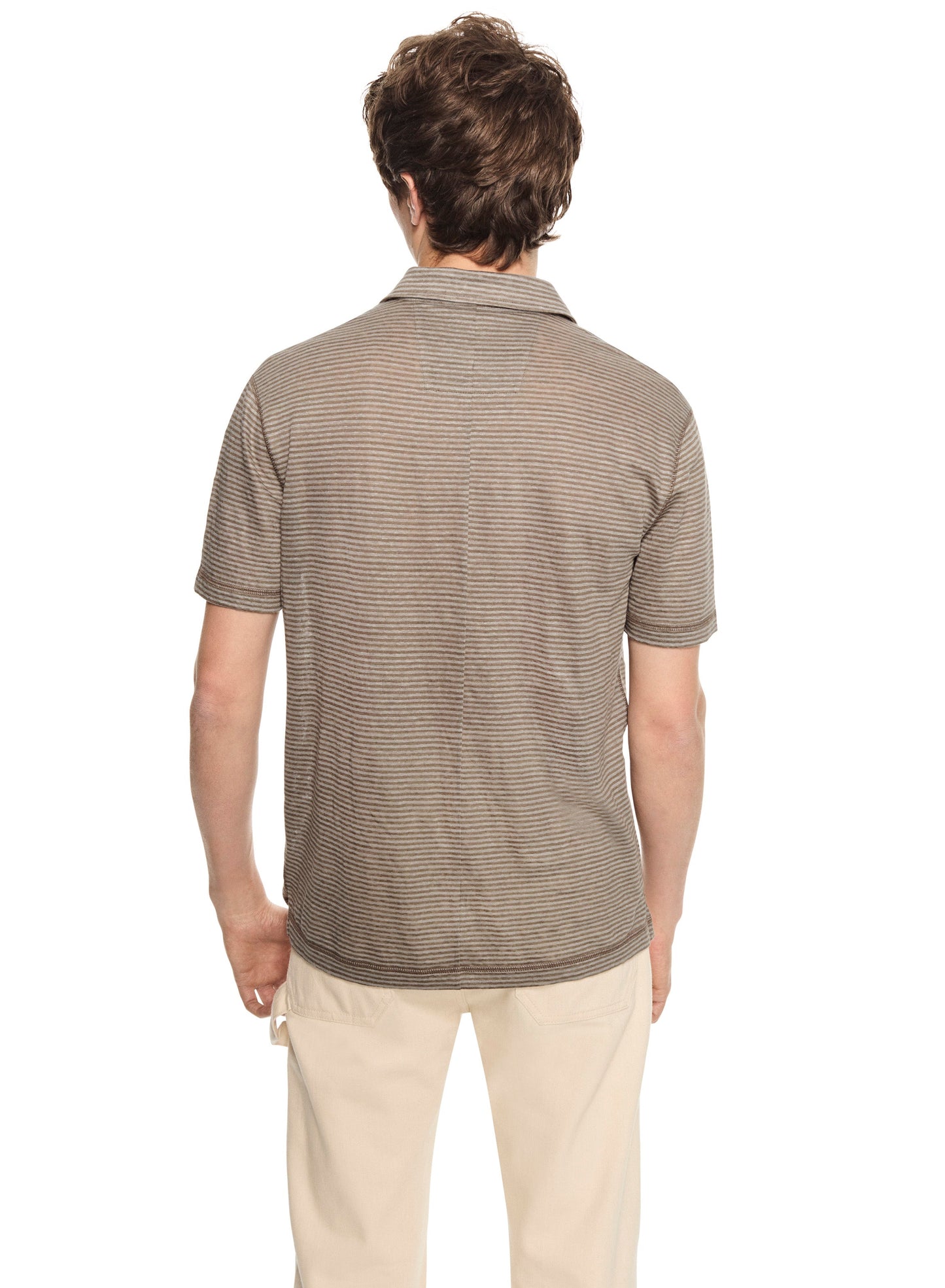 Linen Stripe Polo Shirt (Khaki)-2