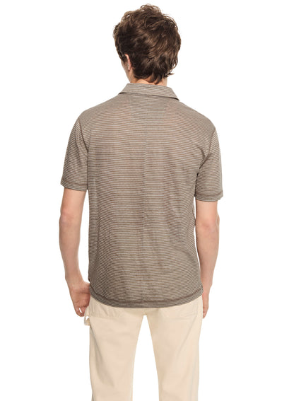 Linen Stripe Polo Shirt (Khaki)-2