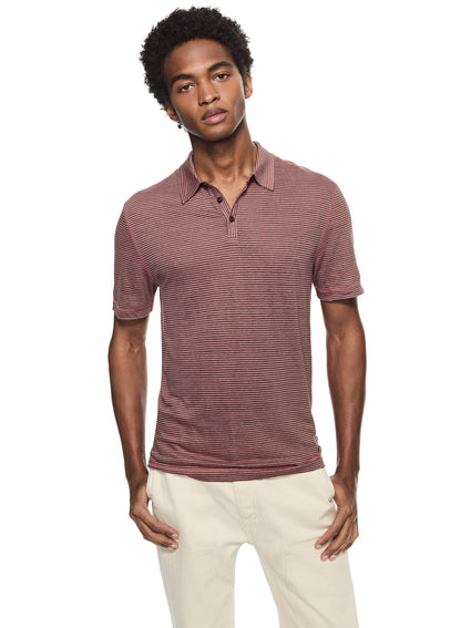 Linen Stripe Polo Shirt (Dark Coral)-0