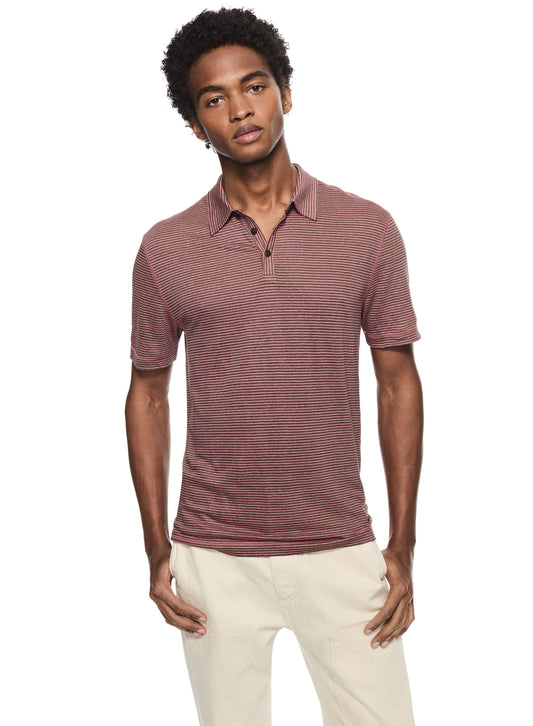 Linen Stripe Polo Shirt (Dark Coral)-0