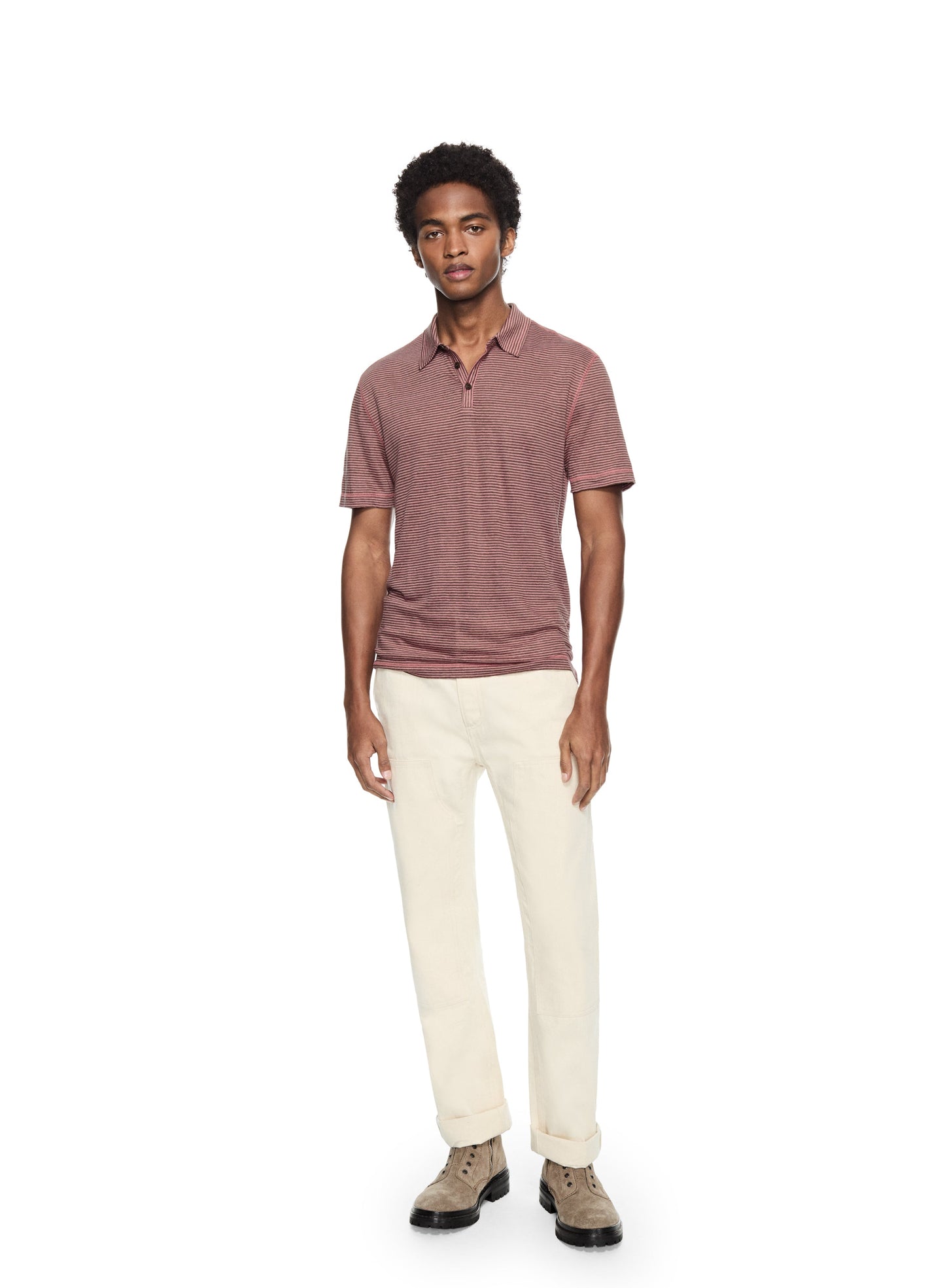 Linen Stripe Polo Shirt (Dark Coral)-1