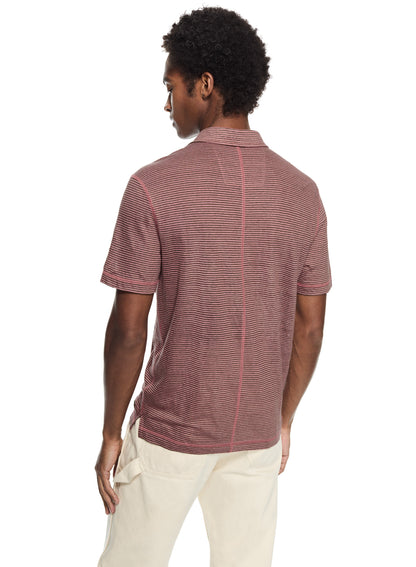 Linen Stripe Polo Shirt (Dark Coral)-2