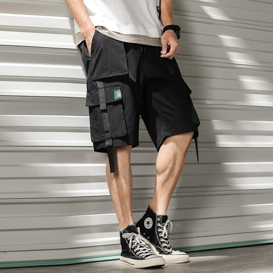Streetwear Summer Casual Shorts Men Fashion Ribbons Pockets Cargo Shorts Bermuda Solid Hip Hop Men's Shorts-1