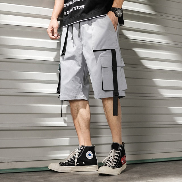 Streetwear Summer Casual Shorts Men Fashion Ribbons Pockets Cargo Shorts Bermuda Solid Hip Hop Men's Shorts-6