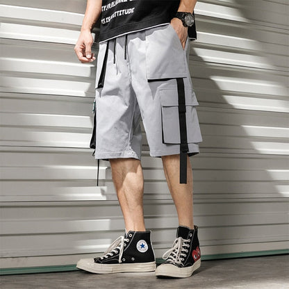 Streetwear Summer Casual Shorts Men Fashion Ribbons Pockets Cargo Shorts Bermuda Solid Hip Hop Men's Shorts-6