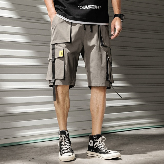 Streetwear Summer Casual Shorts Men Fashion Ribbons Pockets Cargo Shorts Bermuda Solid Hip Hop Men's Shorts-5