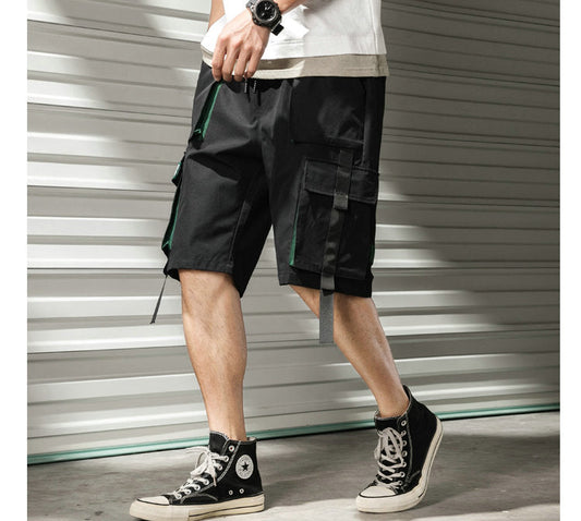 Streetwear Summer Casual Shorts Men Fashion Ribbons Pockets Cargo Shorts Bermuda Solid Hip Hop Men's Shorts-0