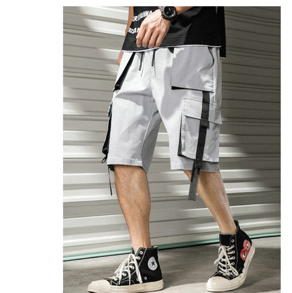 Streetwear Summer Casual Shorts Men Fashion Ribbons Pockets Cargo Shorts Bermuda Solid Hip Hop Men's Shorts-4